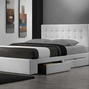 King size Modern Storage Platform Bed in White Faux Leather