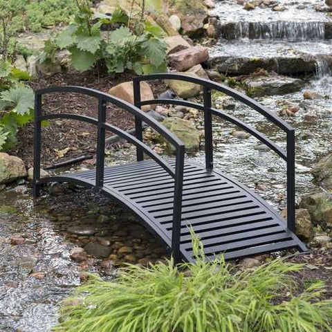 Image of Sturdy 6-Foot Black Metal Garden Bridge with Double Arch Side Rails