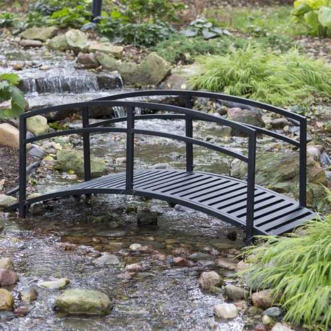 Image of Sturdy 6-Foot Black Metal Garden Bridge with Double Arch Side Rails