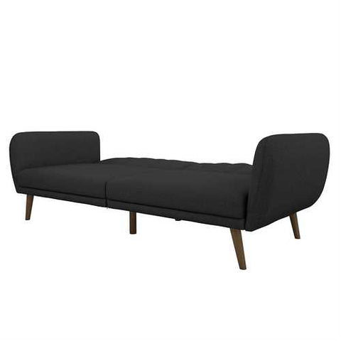 Image of Dark Grey Linen Futon Sofa Bed with Modern Mid-Century Style Wooden Legs