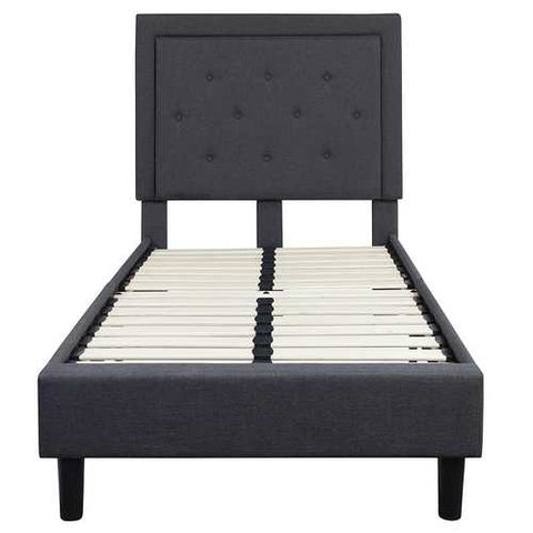 Image of Twin Dark Gray Fabric Upholstered Platform Bed with Button Tufted Headboard