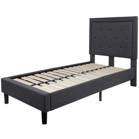 Image of Twin Dark Gray Fabric Upholstered Platform Bed with Button Tufted Headboard