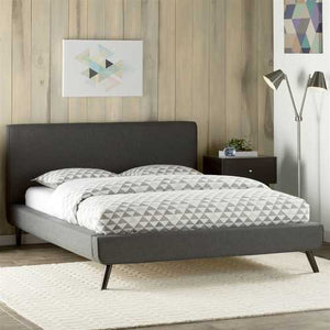 Full size Mid Century Platform Bed with Gray Upholstered Headboard