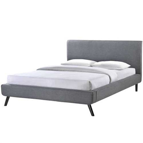 Image of Full size Mid Century Platform Bed with Gray Upholstered Headboard