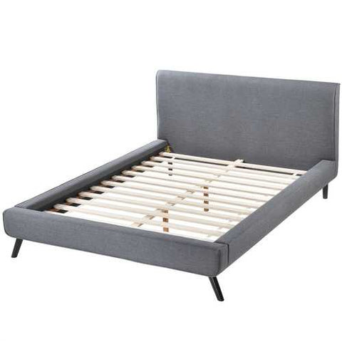 Image of Full size Mid Century Platform Bed with Gray Upholstered Headboard