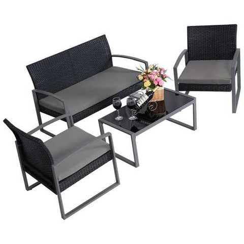 Image of 4 Piece Black / Gray Complete Patio Rattan Set with Matching Table