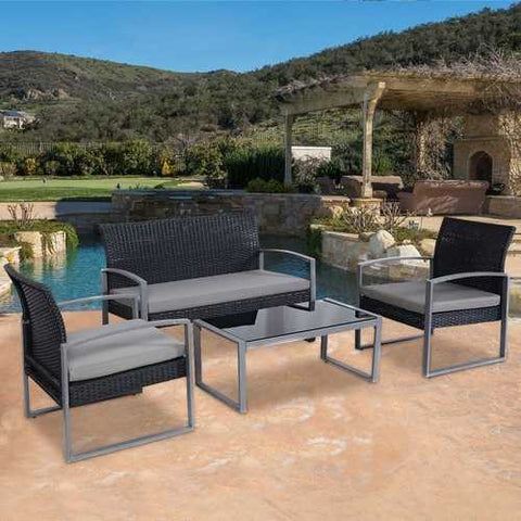 Image of 4 Piece Black / Gray Complete Patio Rattan Set with Matching Table