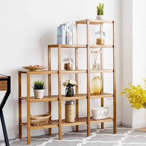 Image of Bamboo Wood 5-Tier Versatile Bookcase Plant Stand Storage Rack