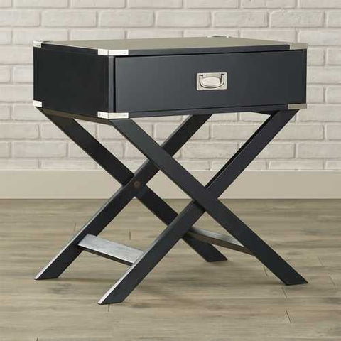 Image of Dark Grey Black 1-Drawer End Table Nightstand with Modern Classic X Style Legs