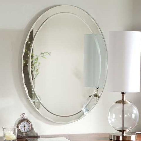 Image of Oval Frameless Bathroom Vanity Wall Mirror with Beveled Edge Scallop Border