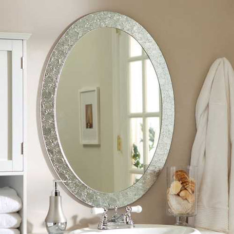 Image of Oval Frame-less Bathroom Vanity Wall Mirror with Elegant Crystal Look Border