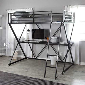 Modern Black Metal Twin size Bunk Bed Loft with Desk and Ladder