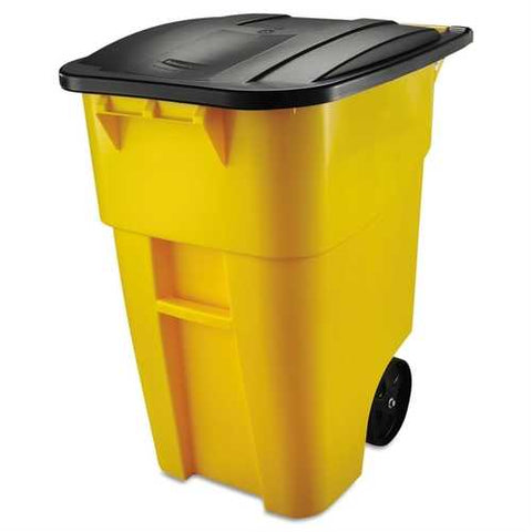 Image of 50 Gallon Yellow Commercial Heavy-Duty Trash Can with Black Lid