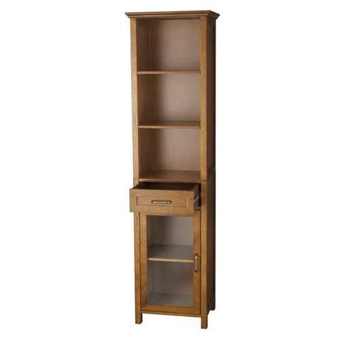 Image of Oak Finish Bathroom Linen Tower Storage Cabinet with Shelves