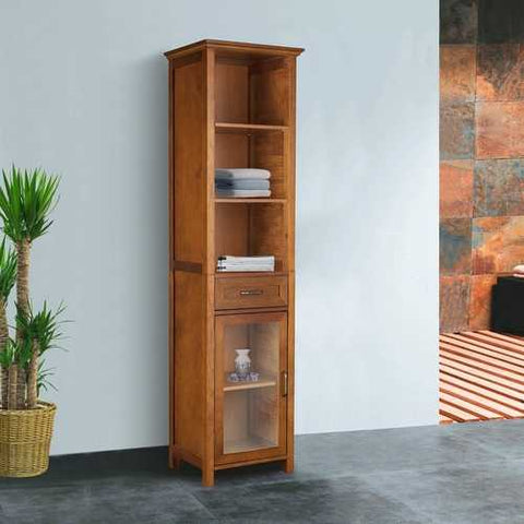 Image of Oak Finish Bathroom Linen Tower Storage Cabinet with Shelves