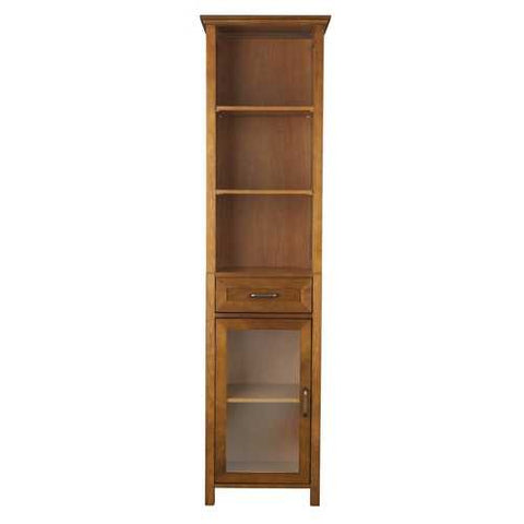 Image of Oak Finish Bathroom Linen Tower Storage Cabinet with Shelves