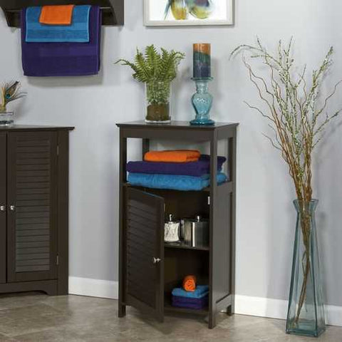 Image of Modern Bathroom Floor Cabinet Free Standing Storage Unit in Espresso Wood Finish