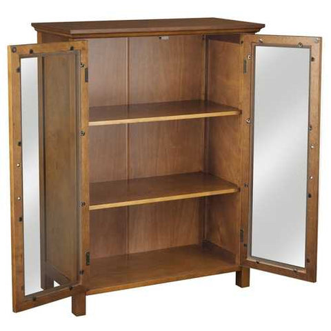 Image of Oak Finish Bathroom Floor Cabinet with 2 Glass Doors & Storage Shelves