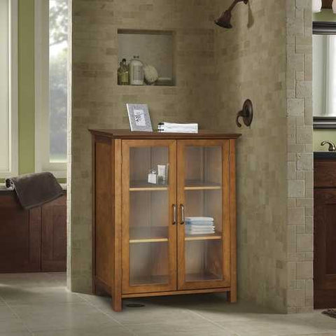 Image of Oak Finish Bathroom Floor Cabinet with 2 Glass Doors & Storage Shelves