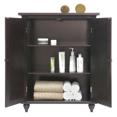 Image of Dark Espresso Wood Bathroom Floor Cabinet with Traditional Crafted Engraving Doors