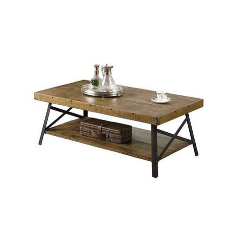 Image of Modern Industrial Style Solid Wood Coffee Table with Steel Legs