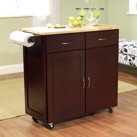 Image of 43-inch W Portable Kitchen Island Cart with Natural Wood Top in Espresso