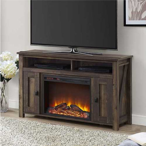 Image of 50-inch TV Stand in Medium Brown Wood with 1,500 Watt Electric Fireplace