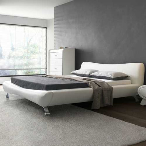 Image of King White Faux Leather Upholstered Platform Bed with Modern Headboard and Metal Legs