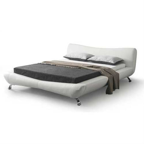 Image of King White Faux Leather Upholstered Platform Bed with Modern Headboard and Metal Legs