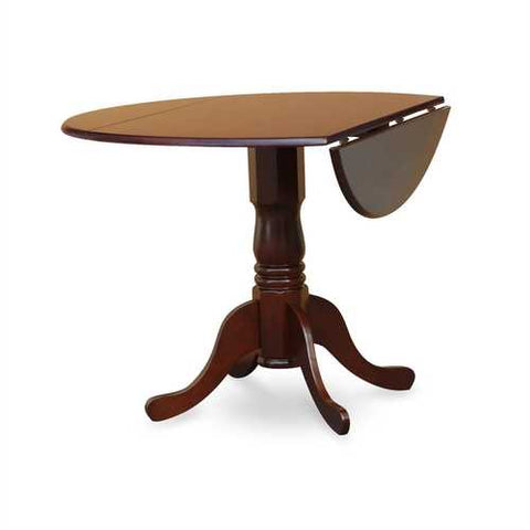 Image of Round 42-inch Drop Leaf Dining Table with Pedestal Base in Mahogany Wood Finish