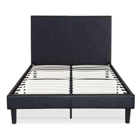 Image of Full size Black Faux Leather Platform Bed Frame with Upholstered Headboard