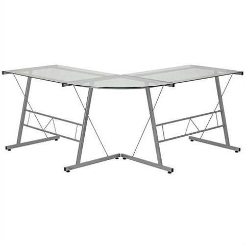 Image of Modern Silver Metal L-Shaped Desk with Glass Top and Floor Glides