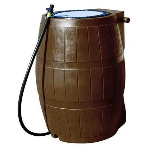 Image of 50-Gallon Brown UV Resistant Plastic Rain Barrel with 3-Ft Hose and Shutoff Valve