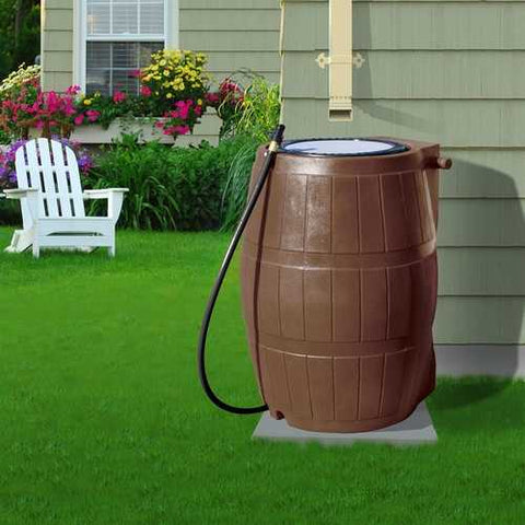 Image of 50-Gallon Brown UV Resistant Plastic Rain Barrel with 3-Ft Hose and Shutoff Valve