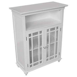 Classic White Wood 2-Door Bathroom Floor Cabinet with Glass Paneled Doors