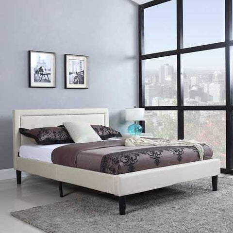 Image of Full size Modern Classic Upholstered Platform Bed with Ivory Linen Padded Headboard