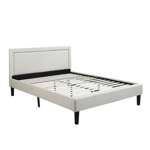 Image of Full size Modern Classic Upholstered Platform Bed with Ivory Linen Padded Headboard