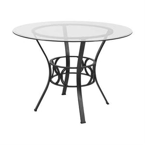 Round 42-inch Glass Dining Table with Metal Frame in Black Finish