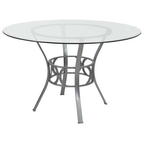 Image of Contemporary 48-inch Round Clear Glass Dining Table with Silver Metal Frame