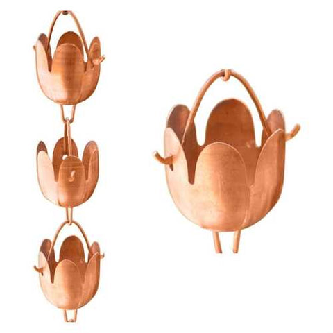 Image of Copper Floral Cups 8.5-Ft Rain Chain Gutter Downspout