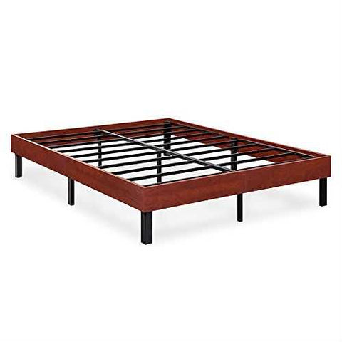 Image of Full size Sturdy Metal Platform Bed Frame with Cherry Finish Wood Sides