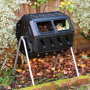 Rotating 37-Gallon 2-Chamber Tumbling Compost Bin Tumbler with Stand