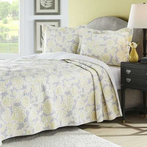 Image of Full / Queen Yellow Gray Floral 100% Cotton Reversible Quilt Coverlet Set