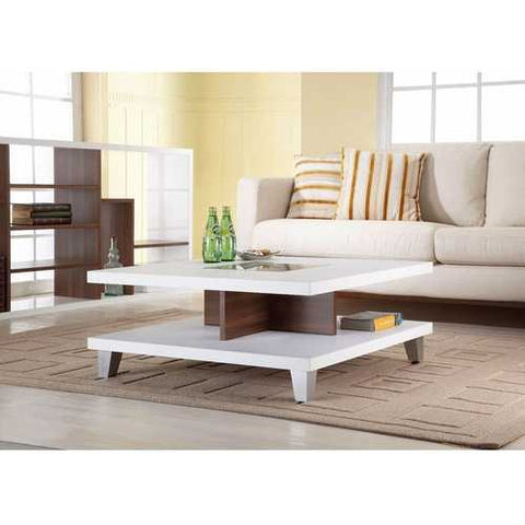 Image of Modern Square Coffee Table in White Wood Finish with Bottom Shelf