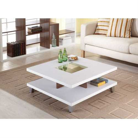 Image of Modern Square Coffee Table in White Wood Finish with Bottom Shelf