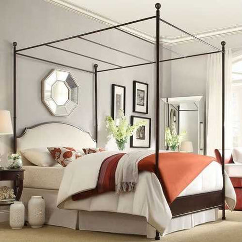 Image of Full size Metal Canopy Bed with Cream White Linen Upholstered Headboard