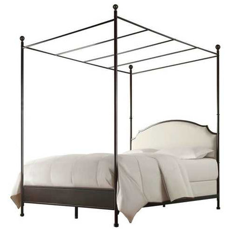 Image of Full size Metal Canopy Bed with Cream White Linen Upholstered Headboard