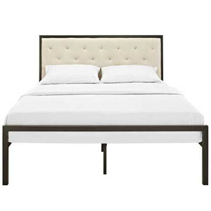 Full size Metal Platform Bed Frame with Beige Button Tufted Fabric Headboard