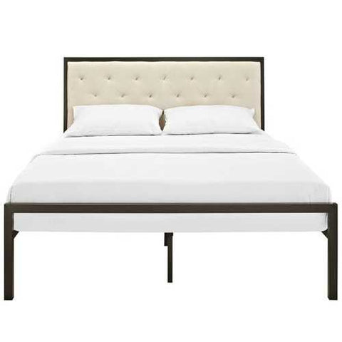 Image of Full size Metal Platform Bed Frame with Beige Button Tufted Fabric Headboard