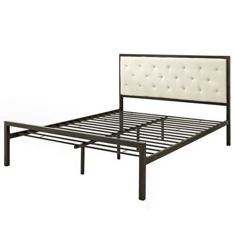 Image of Full size Metal Platform Bed Frame with Beige Button Tufted Fabric Headboard